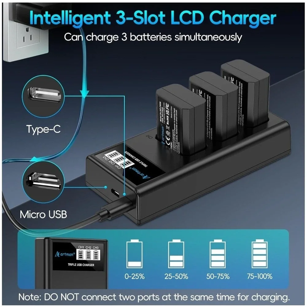 Artman NP-FW50 Battery 3-Pack and‎ Upgraded 3-Slot ZV-E10 Battery LCD Charger